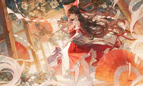 7680x4619 Desktop Wallpaper - 博丽灵梦红伞纸扇插画8K电脑壁纸