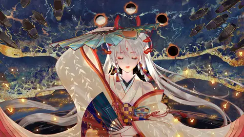 7281x4096 Desktop Wallpaper - 白发少女和服持扇4K电脑壁纸