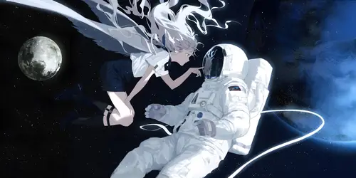 8655x4320 Desktop 动漫二次元 Wallpaper - 宇航员与白翼少女太空漫步8K电脑壁纸