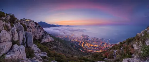 3840x1600 Ultrawide Wallpaper - 摩纳哥日落全景山顶风光超宽屏壁纸