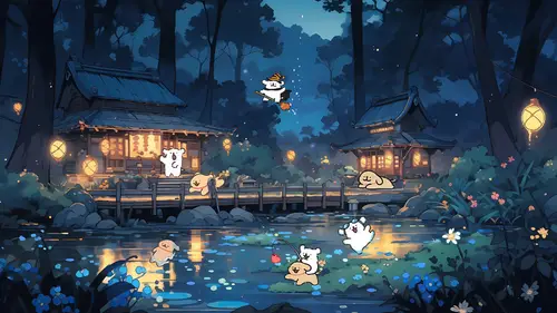 4000x2250 Desktop 动漫二次元 Wallpaper - Cute Dogs in Fantasy Forest Night Anime Style