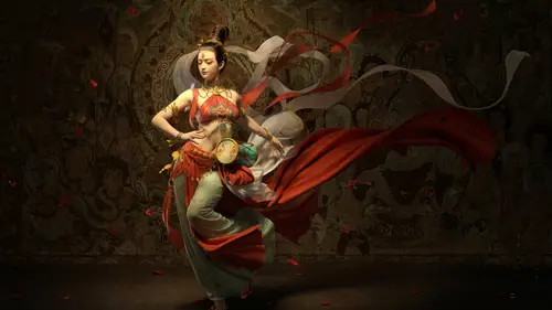 7680x4320 Desktop 艺术插画 Wallpaper - 敦煌飞天舞者红绸飘飘8K电脑壁纸