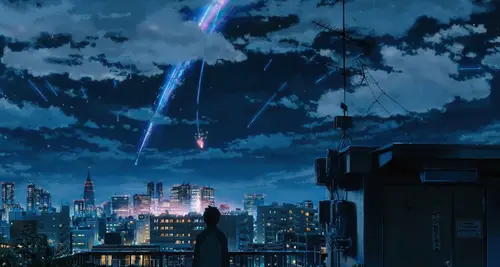 8100x4320 Desktop Wallpaper - 你的名字流星夜空城市天台8K电脑壁纸