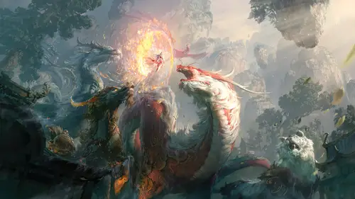 7680x4321 Desktop Wallpaper - 神龙与巨兽奇幻战斗8K电脑壁纸