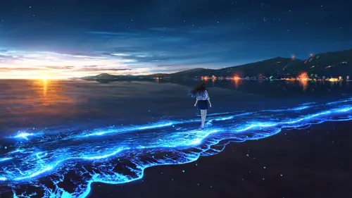 5120x2880 Desktop 动漫二次元 Wallpaper - 少女漫步荧光海滩