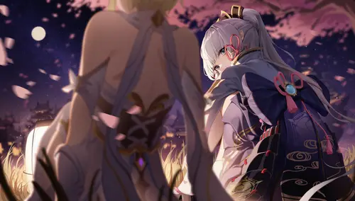 7680x4362 Desktop Wallpaper - Genshin Impact Kamisato Ayaka and Lumine Cherry Blossom 8K Desktop Wallpaper